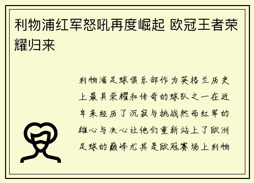 利物浦红军怒吼再度崛起 欧冠王者荣耀归来