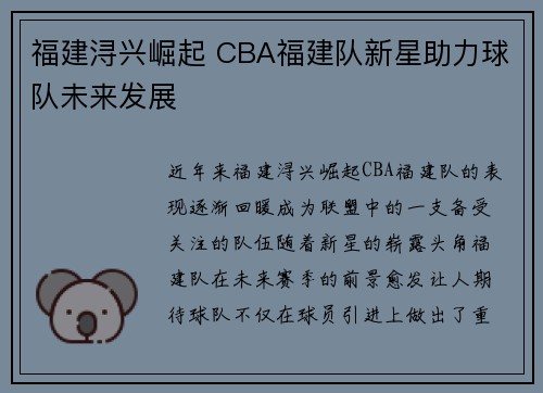 福建浔兴崛起 CBA福建队新星助力球队未来发展