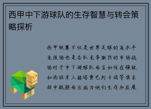 西甲中下游球队的生存智慧与转会策略探析