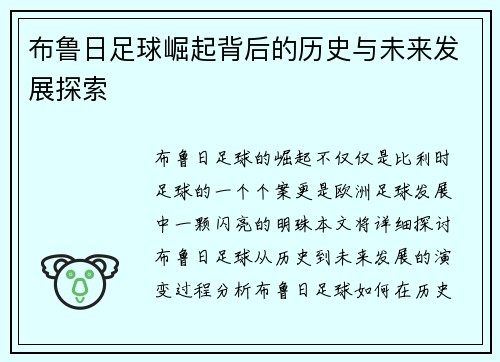 布鲁日足球崛起背后的历史与未来发展探索